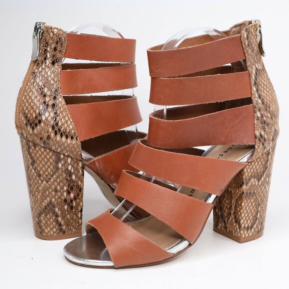 Chinese Laundry Brown Cage Strappy Sandals Python Block Heel Open Toe Shoes - Picture 2 of 12
